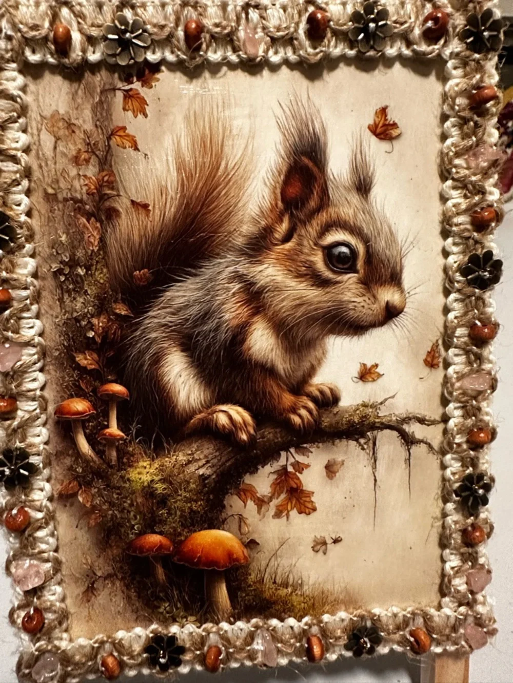 Hand Crafted Autumn Squirrel on wood easel in Brown and Cream